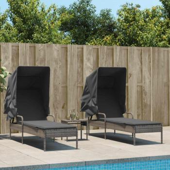 Tumbonas con dosel y mesa de café Polyrattan - 2 PC, ratán sintético gris