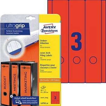 Etiquetas de lomo para carpetas Avery Zweckform L4752-20, 61 x 297 mm, rojas, autoadhesivas, 20 hojas (60 etiquetas)