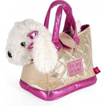 Bolso de niña Perletti dorado con peluche extraíble perro blanco Didi y lazo, dimensiones 20x15x28 cm