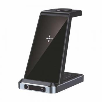 Base de Carga Inalámbrica 3 en 1 Qi Negra USB-C Carga Rápida 15W Aluminio ABS