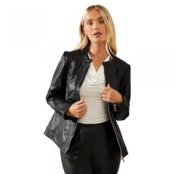 Petite Women's Black Faux Leather Jacket with Seam Detail