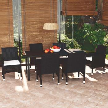 Set de comedor de jardín 7 piezas negro con almohadas de Polyrattan
