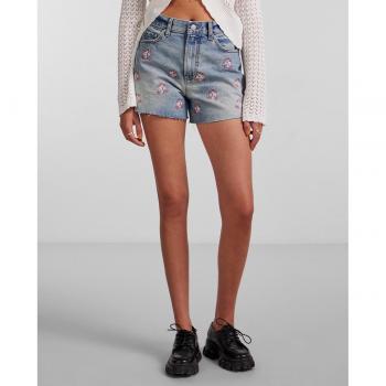 Pieces - Pantalón corto vaquero de mujer con bordados de cintura alta