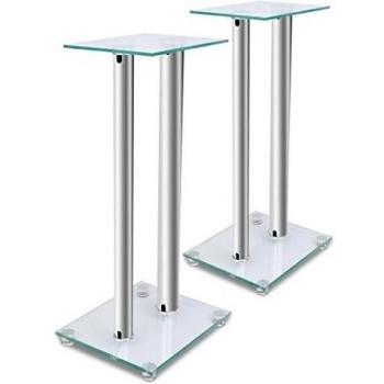 2 soportes para altavoces de cristal, con 2 pilares plateados cada uno