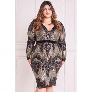 Goddiva Plus Long Sleeve Sequin Party Midi Dress - Black