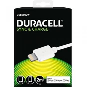 Duracell USB5022W - Cable de carga y sincronización MFI de 2 metros con conector Lightning compatible con Apple iPhone 5/6/6 Plus/6S/6S Plus y iPad/iPad Mini, color blanco