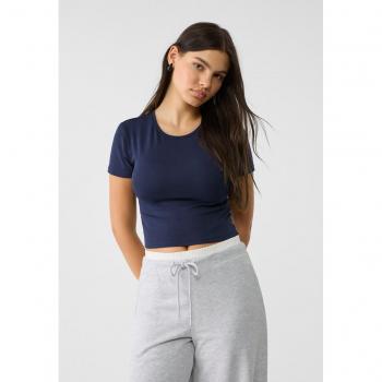 Navy Blue Short Sleeve Cropped Cotton T-Shirt Size S