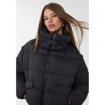 Stradivarius Black Cropped Hooded Puffer Jacket XS