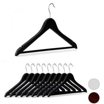 Juego de 10 Perchas de Madera con Ganchos Giratorios 360°, Riel para Pantalones y Notches, Ancho 44.5 cm, Color Negro