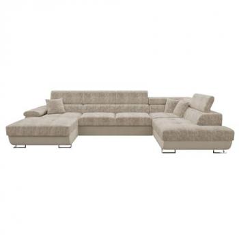 Sofá rinconero Comfivo 249, con función de descanso y caja de ropa de cama, dimensiones 345x202x71cm, color marrón claro