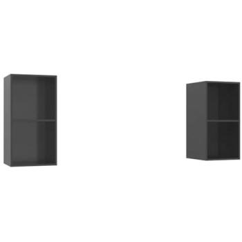 Muebles de TV de pared multimedia con estante y aparador, 2 piezas, madera contrachapada brillante gris