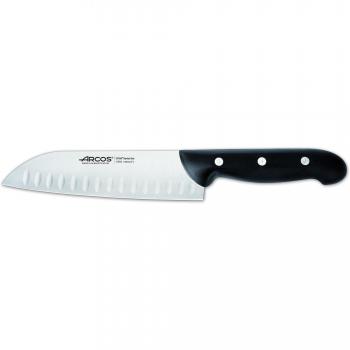 Cuchillo Santoku Arcos Maitre, Hoja de Acero Inoxidable Nitrum 170mm con Alveolos, Mango de Polipropileno Negro - Plateado