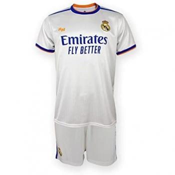 Real Madrid Conjunto niño Camiseta y Pantalón 1ª EQ. Temporada 2021-22 - Producto con Licencia - 100% Poliéster - Dorsal Liso - Talla niño 8 años
