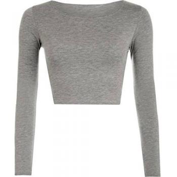 WearAll - Mujeres Manga Larga llanura Recortar la Camiseta Corta Cuello Redondo Top - Gris Claro - 36-38