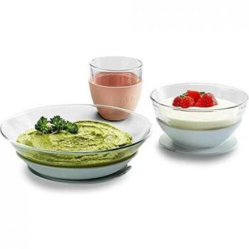 Béaba & Duralex, Juego de Vajilla Infantil, Set de 3 Piezas para bebé, Plato + Bol + Taza, Cristal Templado con Ventosa de Silicona, Verde