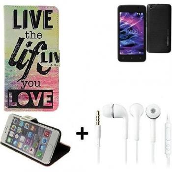 360° Funda Smartphone para Medion Life E4506, 'live the life you love' + auriculares | Wallet case flip cover caja bolsa Caso Monedero BookStyle - K-S-Trade