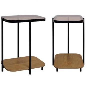 Set de 2 mesas auxiliares vintage de metal negro con tapa de cristal y decoración en madera, Smooky, Natural, 48.8x37x60 cm