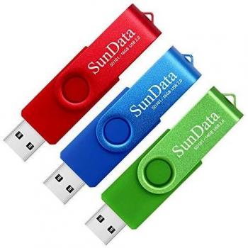 SunData 16GB Memorias USB 3 Piezas PenDrives 16GB Unidad Flash USB2.0 Giratoria Pen Drive con Luz LED