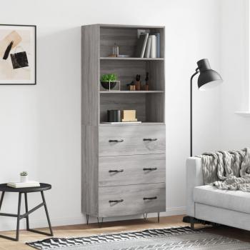 Aparador alto de madera contrachapada gris sonoma 69,5x34x180 cm con 3 cajones, mueble de almacenaje para salón, buffet y armario auxiliar