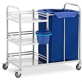 Carrito de lavandería con ruedas - 3 estantes y bolsa de colada - 50 kg - acero inoxidable
