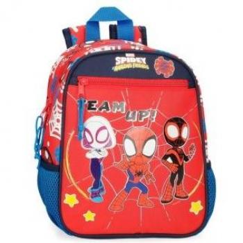 Mochila Spidey and friends 28cm con diseño de superhéroes y bolsillos frontales, ideal para niños en edad preescolar.