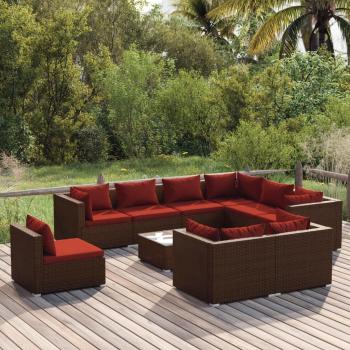 10-Piece Brown Poly Rattan Garden Lounge Set with Cushions