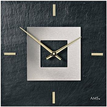 Reloj de pared AMS 9525, diseño moderno, 30 cm, color plata y negro