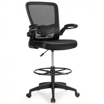 Height-Adjustable Drafting Chair with Flip-up Arms, Costway Sponge Adjustable Height Drafting Chair with Lumbar Support in Black