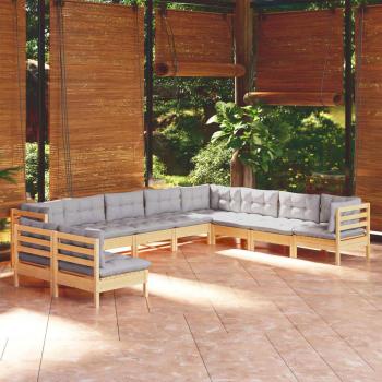 10-Piece Garden Lounge Set with Grey Cushions, Solid Pinewood