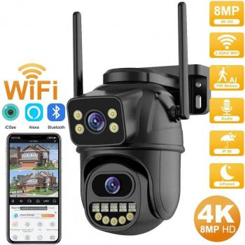 Cámara PTZ 4K 8MP HD Wifi para exteriores con doble lente, doble pantalla, seguimiento automático AI, vigilancia CCTV y audio-video P2P iCSee