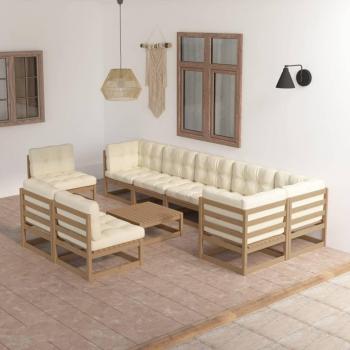 Conjunto de muebles de jardín 10 piezas con cojines de madera de pino maciza