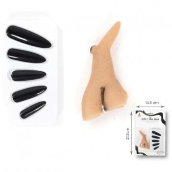Kit de Bruja: Nariz y Uñas Negras - Incluye una nariz de bruja de látex, uñas negras postizas, adhesivo para la nariz, instrucciones de uso y es ideal para disfraces de Halloween