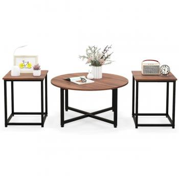 Walnut 3-Piece Round Coffee Table Set with End Tables