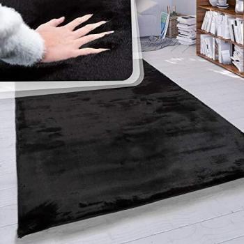 Alfombra Pelo Largo Salón Sintética Suave Monocolor 200x290 cm, Negro