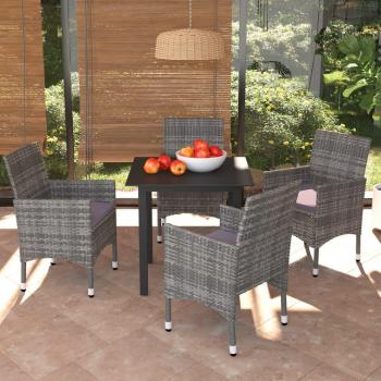 5-Piece Grey Poly Rattan Garden Dining Set with Cushions