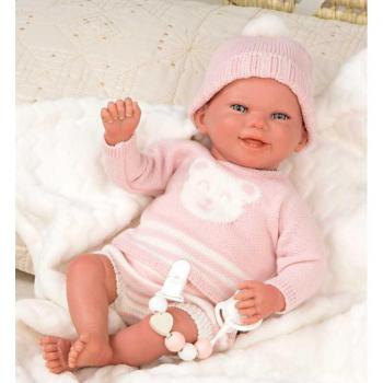 Muñeca Reborn Adriana 40 cm con Ropa Rosa y Blanca a Rayas, Cuerpo Blando, Extremidades de Vinilo, Incluye Manta, Chupete y Pañal, Adec