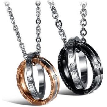 QueenDer 2 Pieza Collar para Parejas Acero Inoxidable Anillo Colgante Oro Negro Plata