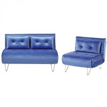 Conjunto de sala de estar 3 plazas en terciopelo azul marino con cojines y patas metálicas estilo moderno