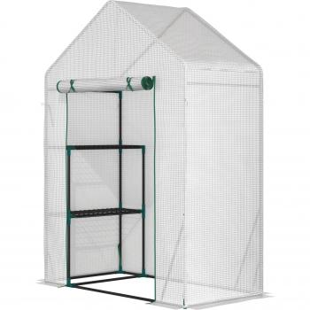 Outsunny Invernadero de Jardín 143x73x195 cm Vivero Casero de Acero con 2 Estantes y Puerta Enrollable para Cultivos Plantas Macetas Flores Blanco