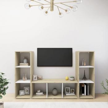 vidaXL Mueble de salón 3 piezas madera ingeniería y aglomerado blanco roble Sonoma, incluye mueble TV, mesa de TV, dimensiones 107x35x37cm