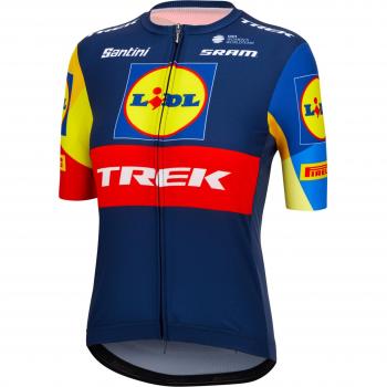 Maillot de ciclismo mujer Lidl-Trek 2024 Fan Line manga corta azul amarillo rojo - Corte Slim - S