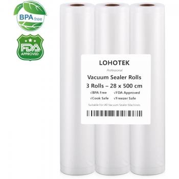 LOHOTEK Bolsas al Vacio, Rollos para Envasadora Sellador de Vacío 3 Rollos 28 x 500cm Bolsas Profesional para la Conservación de Alimentos Protector la Comida para Cocina