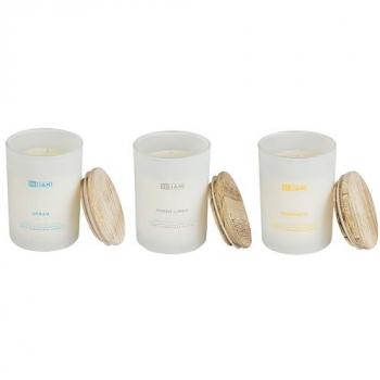 Conjunto de 3 velas aromáticas multicolor 100% cera de soja con mecha de algodón en vidrio blanco, fragancias océano/bergamota/lino fresco