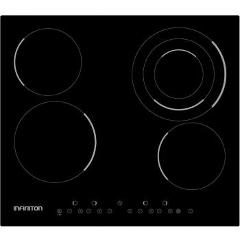 Infiniton VIT4T23 Placa Vitrocerámica 4 Zonas Flexibles, 9 Niveles de Potencia, Temporizador, Control Táctil, 60cm Ancho, Color Negro