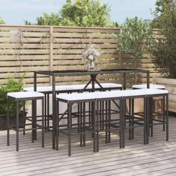 11-Piece Black Poly Rattan Garden Bar Set with Cushions