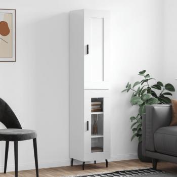 Aparador alto de madera contrachapada blanco brillo 34,5x34x180 cm con 1 puerta de cristal, mueble de almacenaje para salón, buffet y armario auxiliar