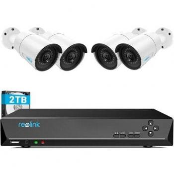 Reolink 8CH 4MP PoE Kit de Sistema de Cámara de Vigilancia, con 4X PoE 4MP Cámara IP Impermeable y 8CH 2TB HDD NVR para 24/7 Grabación, Visión Nocturna Audio Acceso Remoto, RLK8-410B4