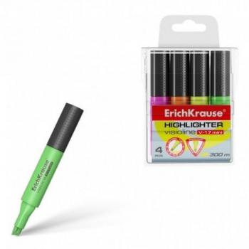 Erichkrause Visioline V-17 Mini Pack de 4 Marcadores - Fluorescente - Punta Biselada - Set de 4 Colores: Amarillo, Verde, Rosa, Naranja