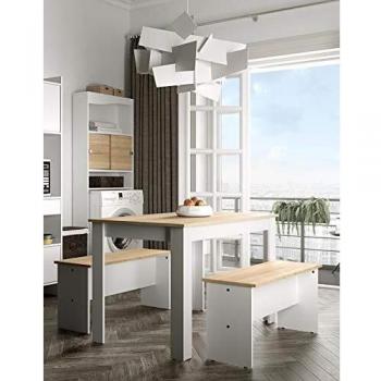 Mesa y bancos Nice, conjunto de 3 piezas en blanco y roble natural, 110 x 70 cm