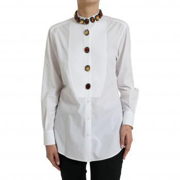 Dolce & Gabbana White Cotton Crystals Embellished Shirt Top - IT40|S, Female, Size: XS, Crystal Embellished
